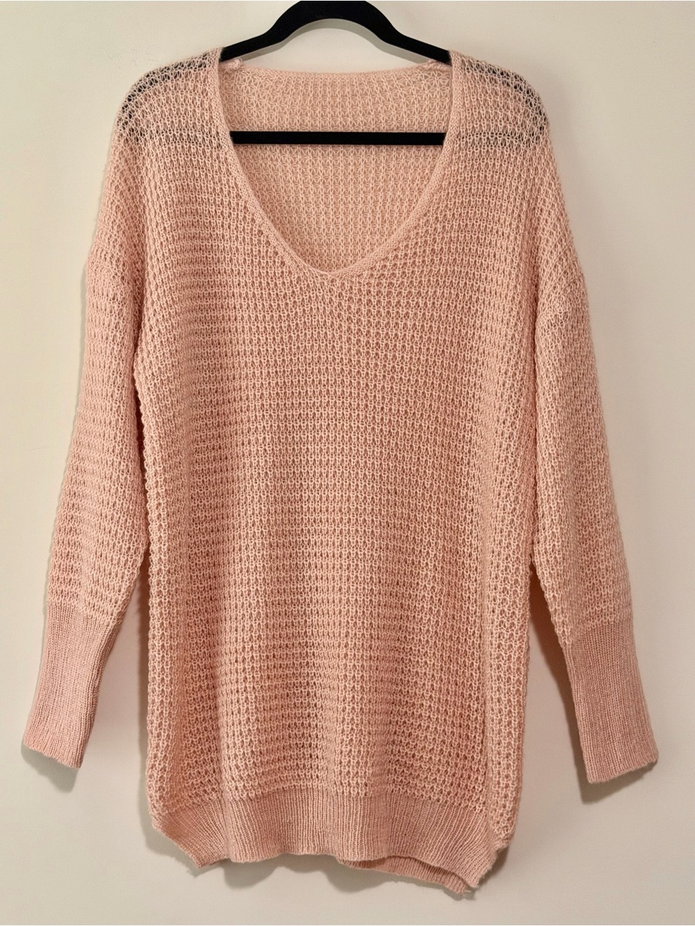 Women's Oversized V-Neck Open Knit Sweater - Blush Pink
